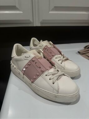 Valentino Garavani White Leather Sneakers with Pink Studded Strap